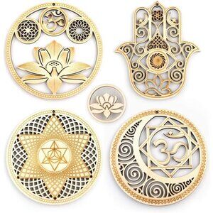 5.31" Sacred Geometry Wall Art 4 PCS Set, (Sacred Lotus, Hamsa Hand, Soul Star,